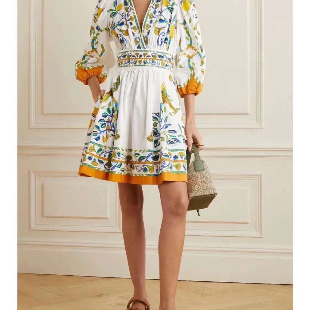 Designer Boho Style Dress with Lemon and Peacock Print – Size M, L